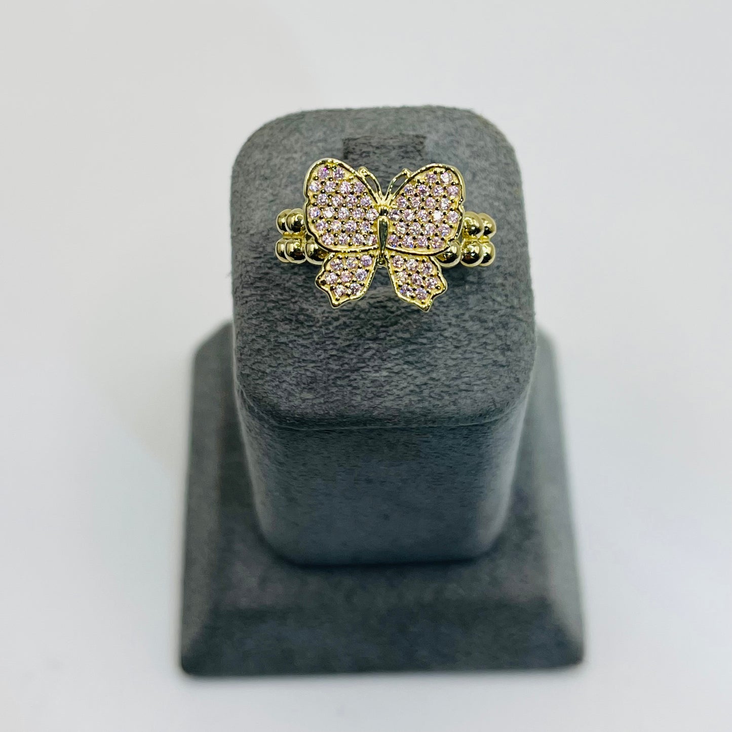 10K Pink Butterfly Bubble Ball Ring