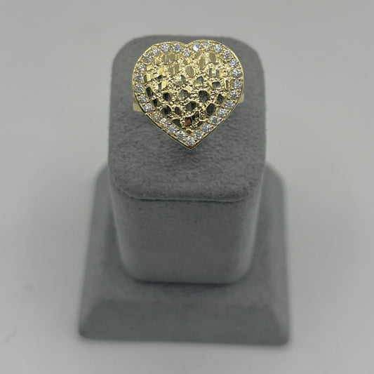 10K Gold Heart Nugget Ring with CZ Border