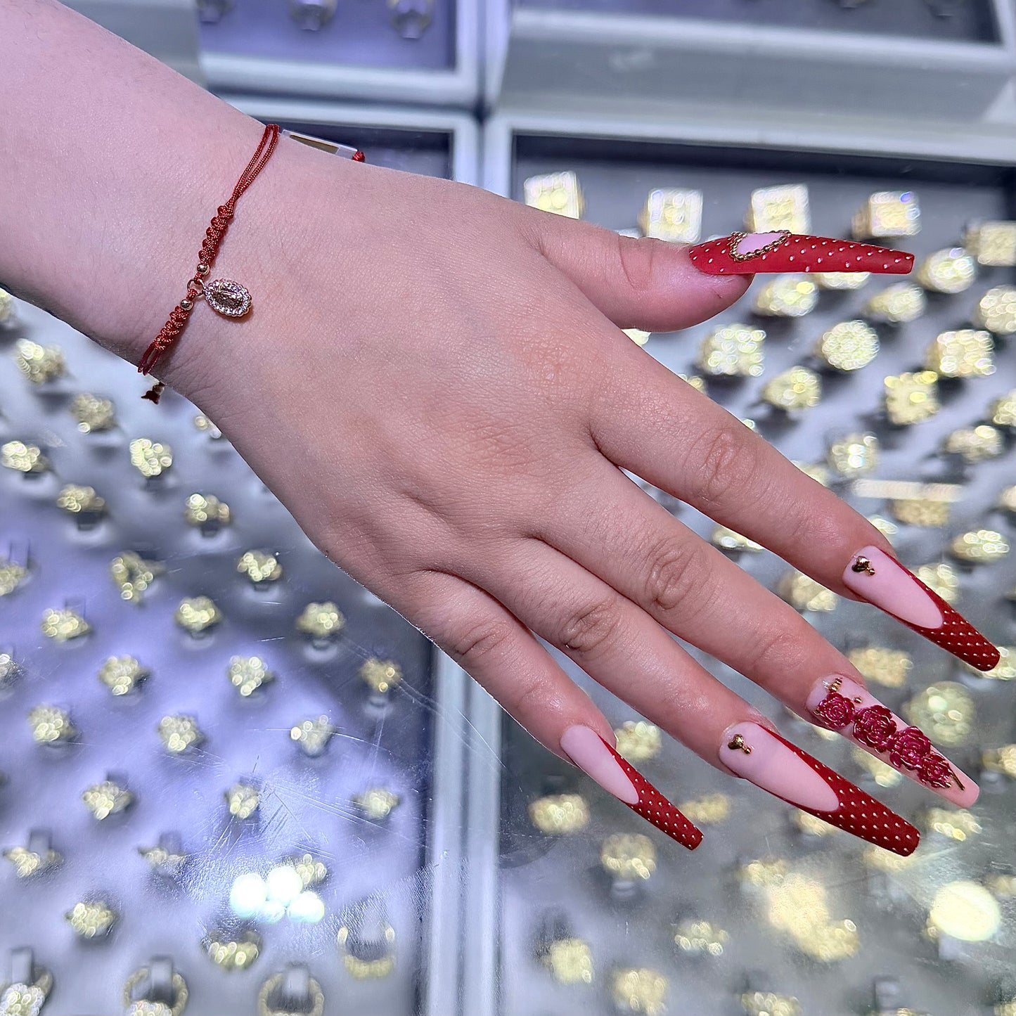 14k Gold Braided Virgin Mary Bracelet - Red
