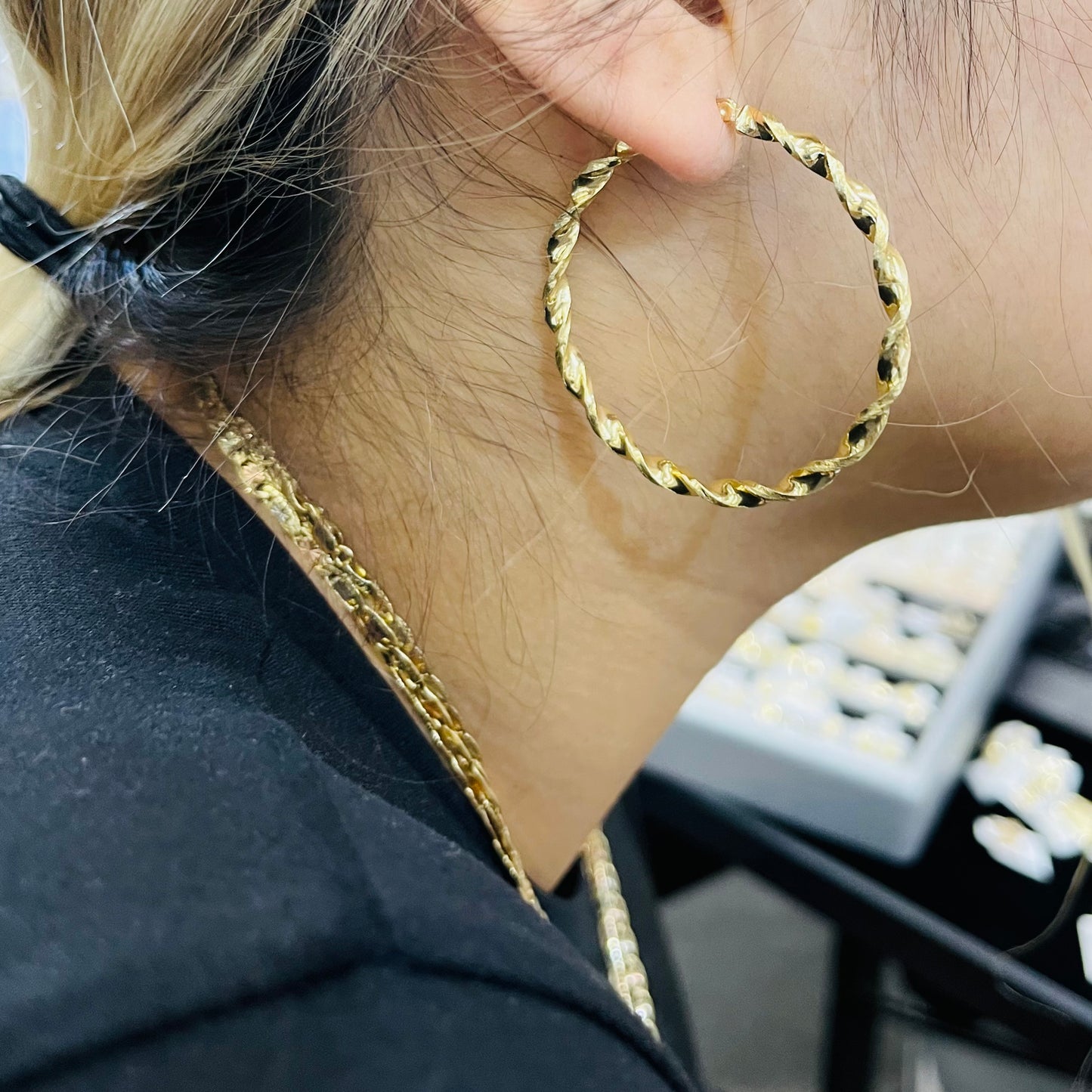 10K Gold 3.3mm Twist Hoops (1.7" diameter)