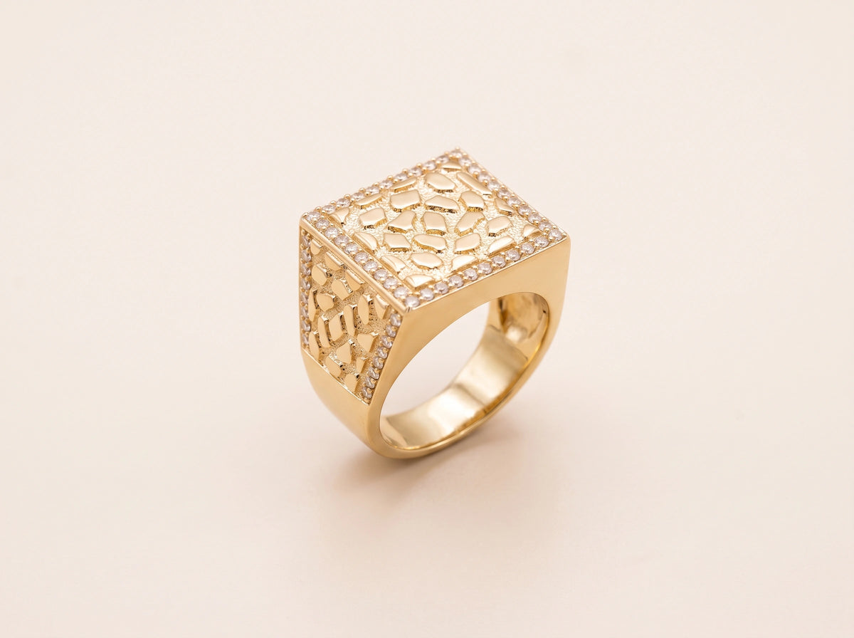 10K Gold Square Nugget Ring with CZ