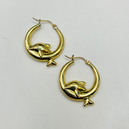 10 Karat Gold Dolphin Hoops (Med, 1")