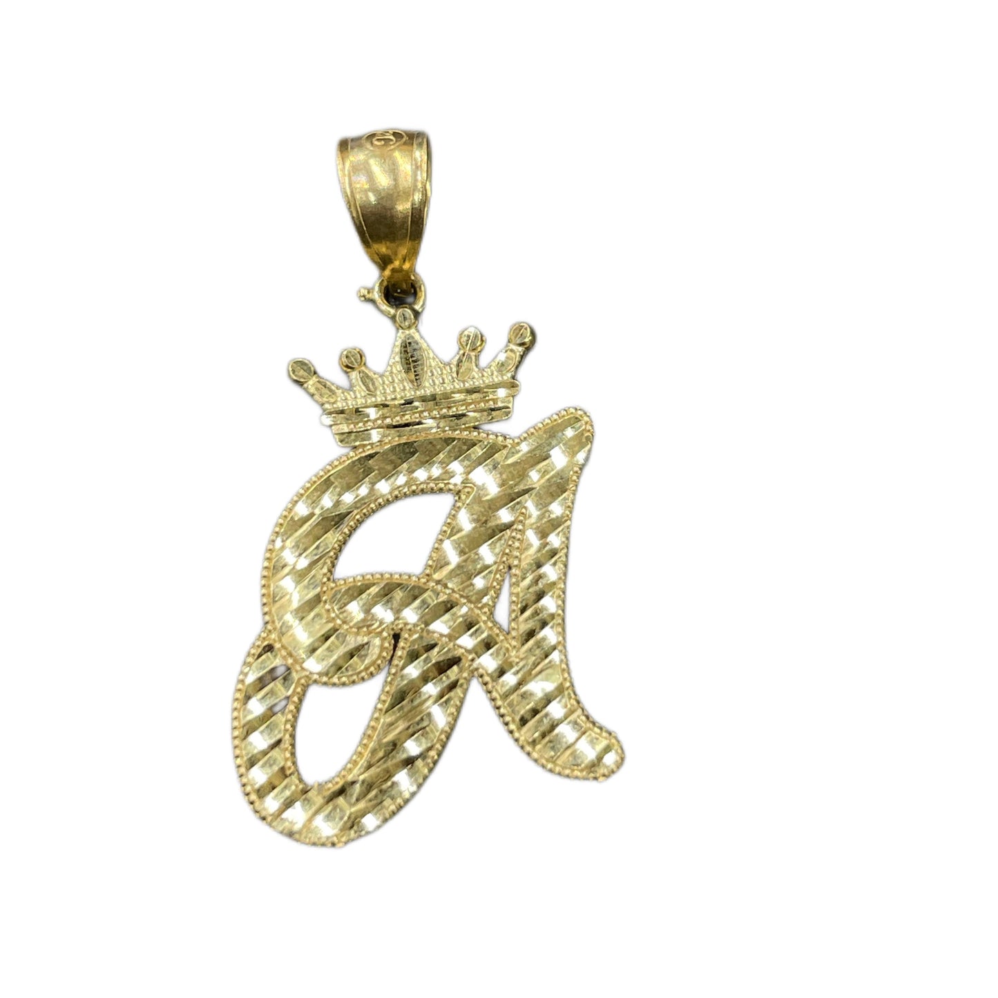 A 10K gold initial charm with a crown on top, featuring the letter 'A' in a cursive font.