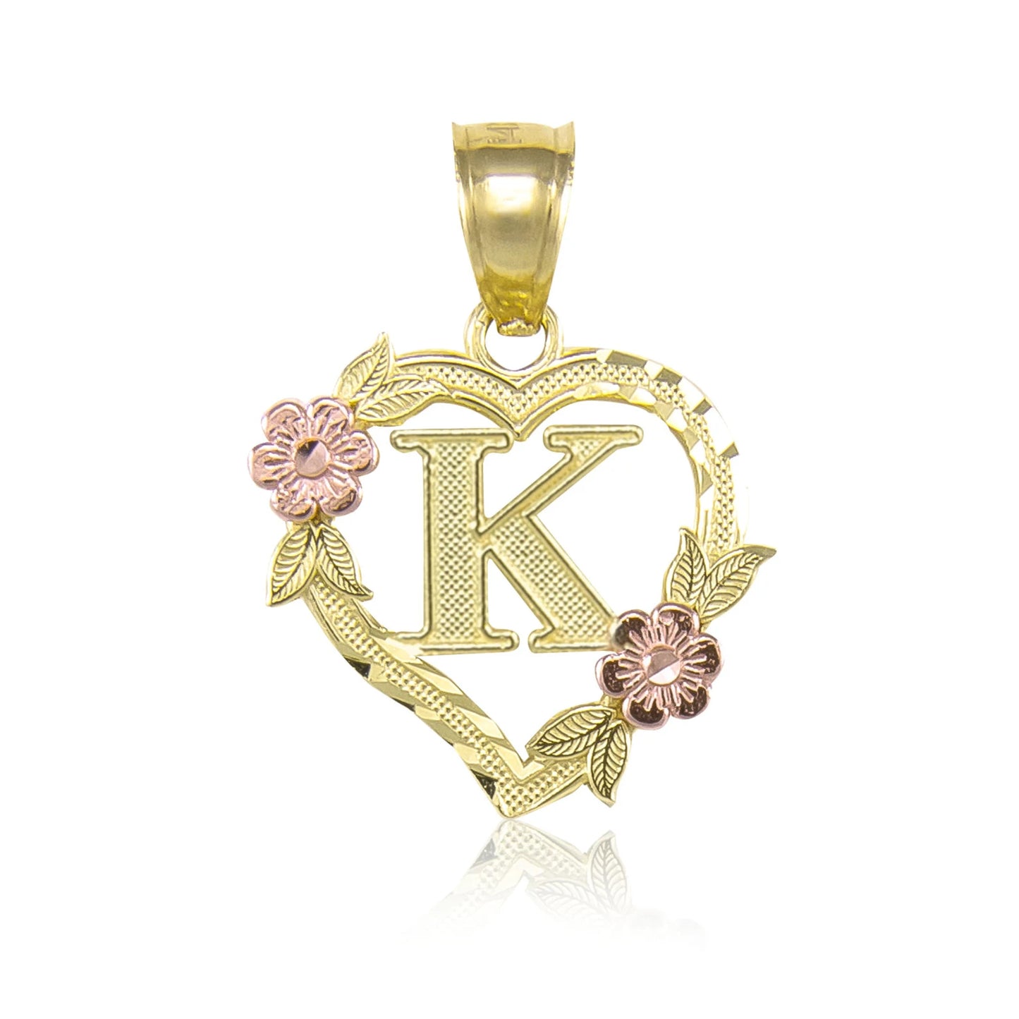 10K Gold Heart Initial Charm with Roses