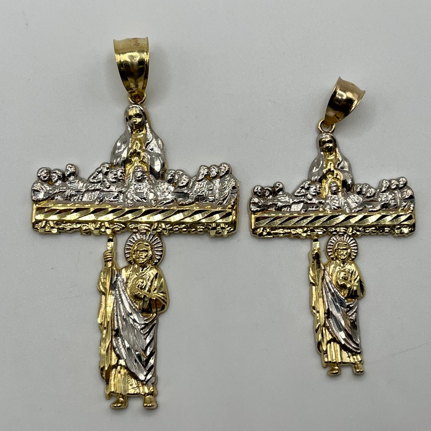 14k Gold Last Supper/ Virgin Mary/ San Judas Cross Pendant (S)