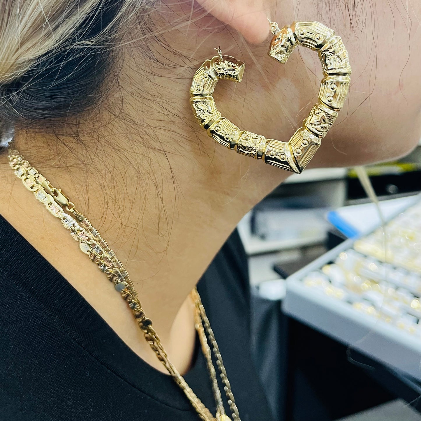 10K Gold Bamboo Heart Hoop Earrings (2 inch)