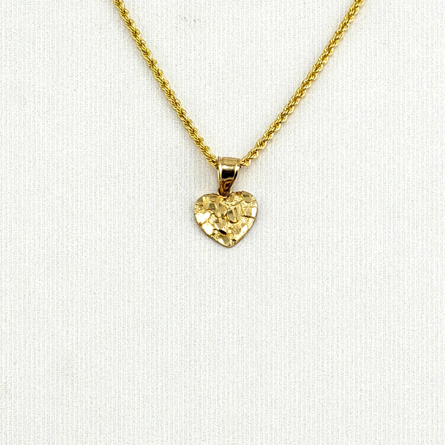14K Gold Necklace Set - Heart Nugget Charm with Rope Chain