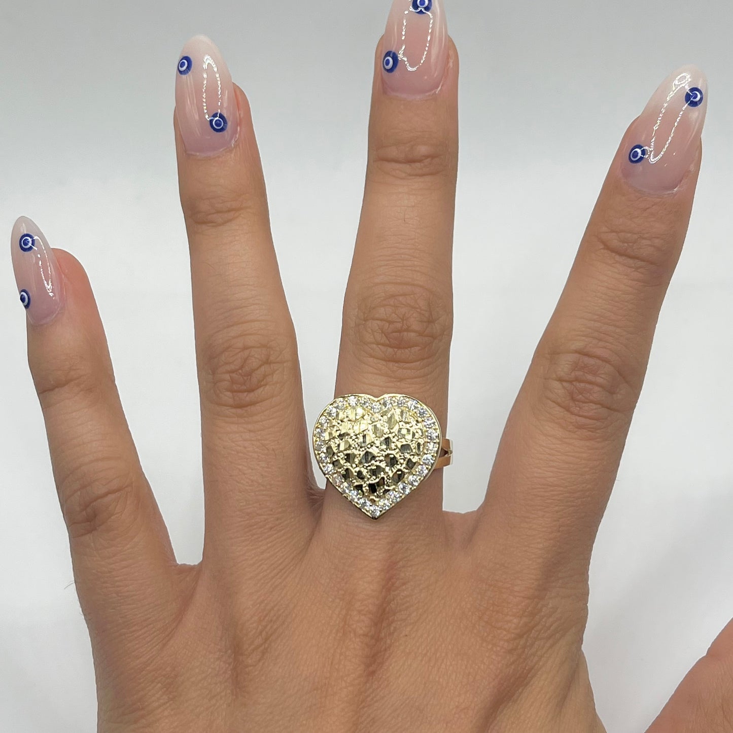 10K Gold Heart Nugget Ring with CZ Border