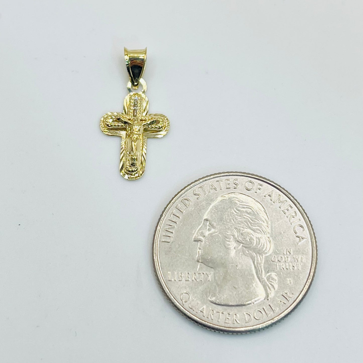 10K Gold Mini Jesus Cross with CZ and Diamond Cut border