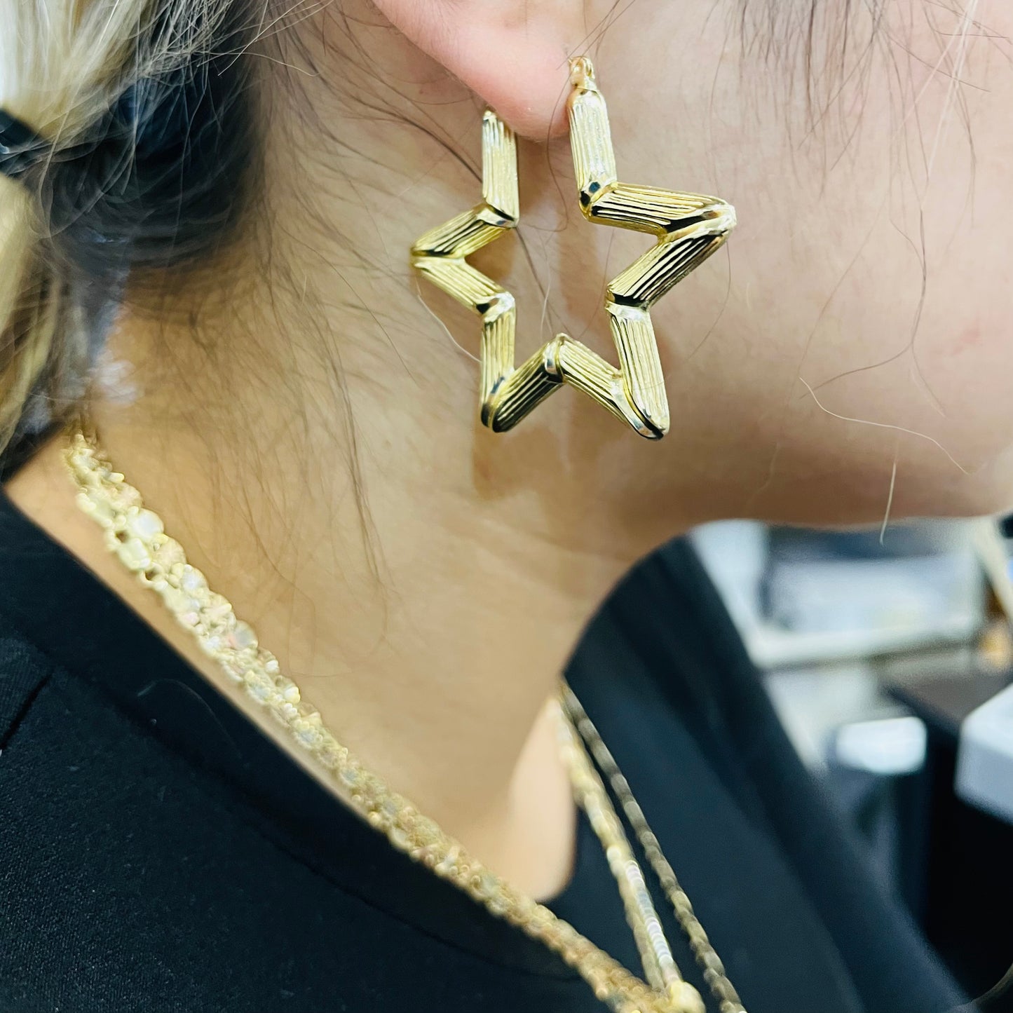 10K Gold Star Bamboo Hoop Earrings (45mm)