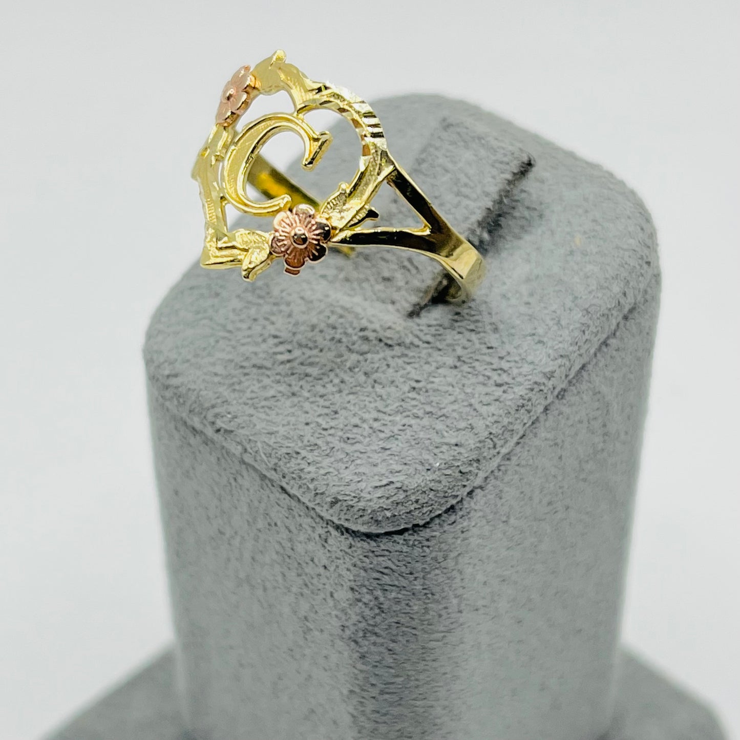 10K Gold Heart Initial Ring with Roses