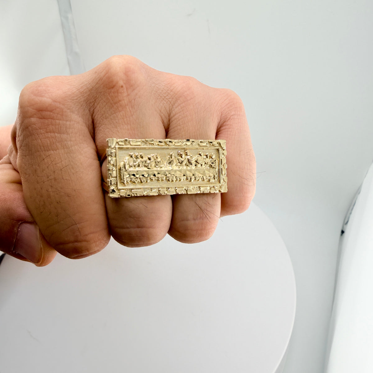 10K Two Finger Last Supper Ring with Nugget Border (Large)