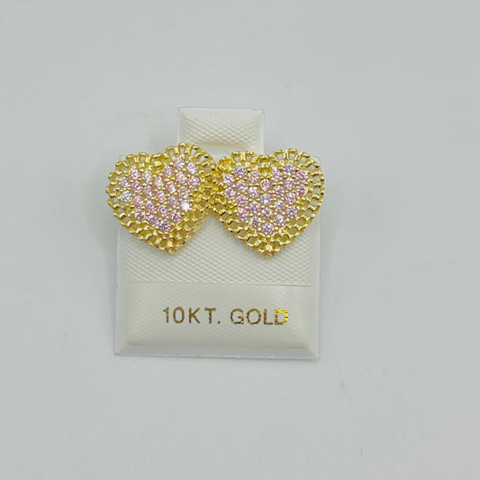 10K Gold Flat RX Heart Earrings with CZ Pink (Screwback)