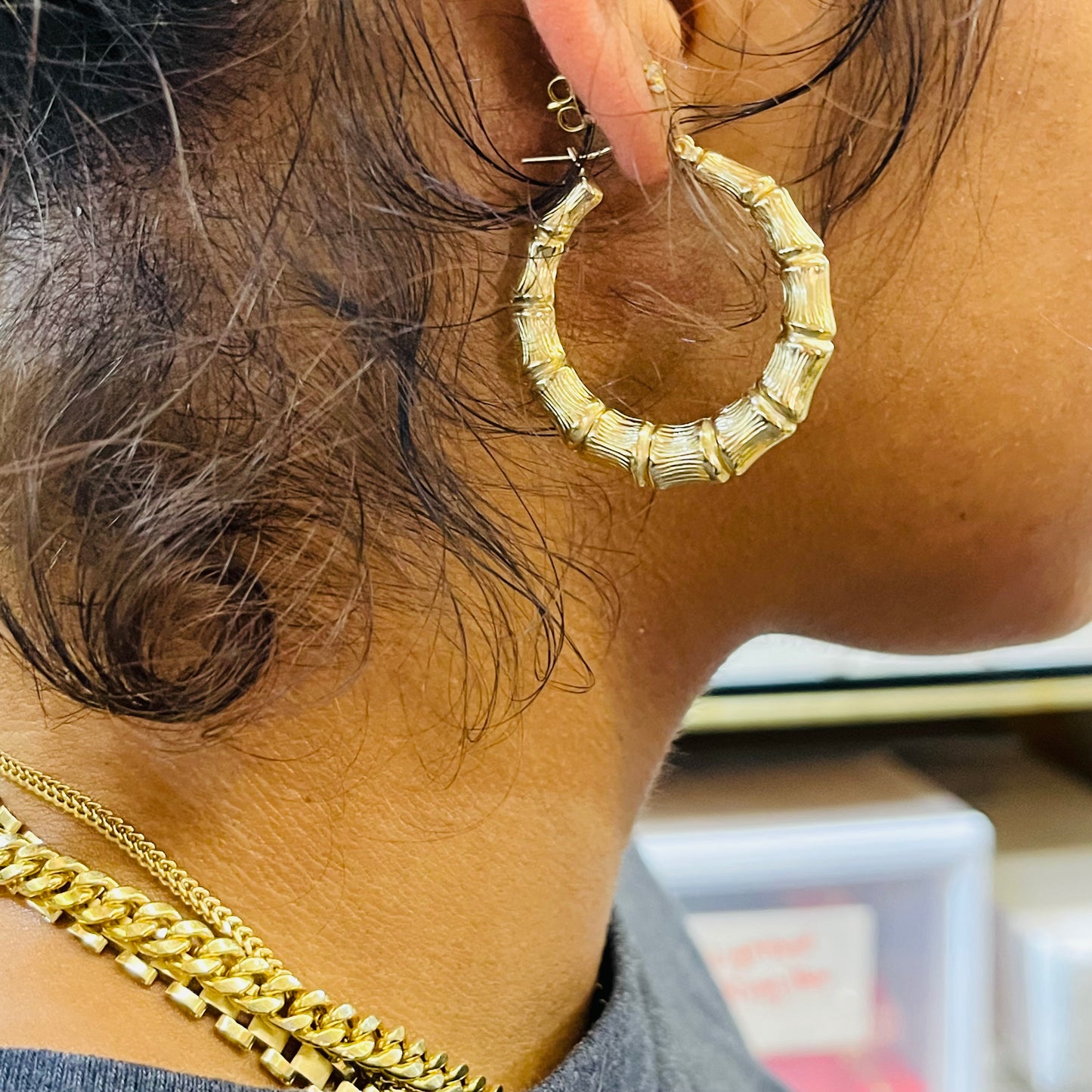 10K Gold Bamboo Hoop Earrings (1.4in)