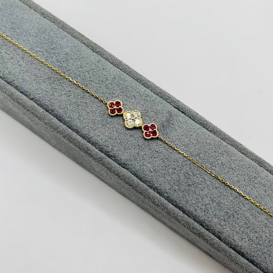 14k Gold Diamond Ruby Clover Bracelet