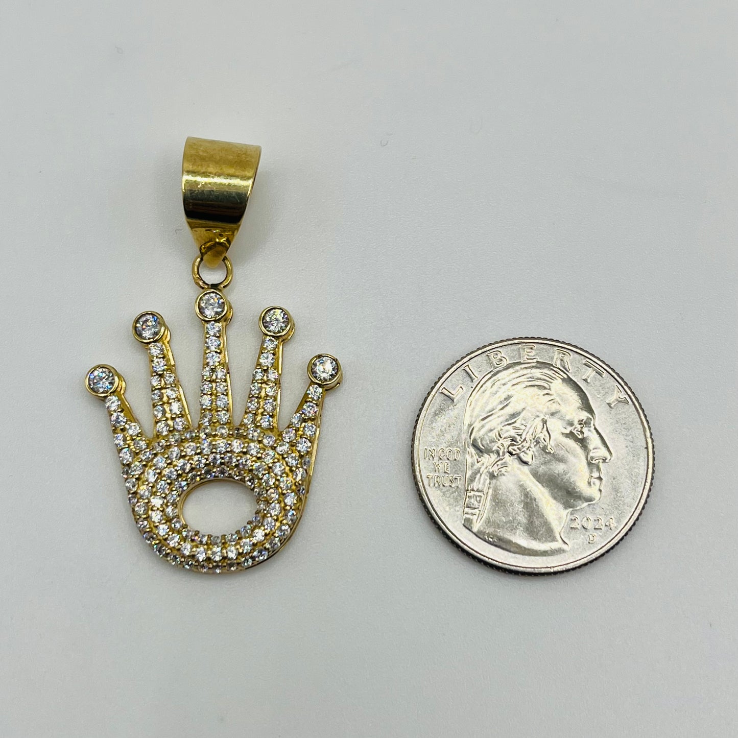 10k Gold Shimmering CZ RX Crown Pendant