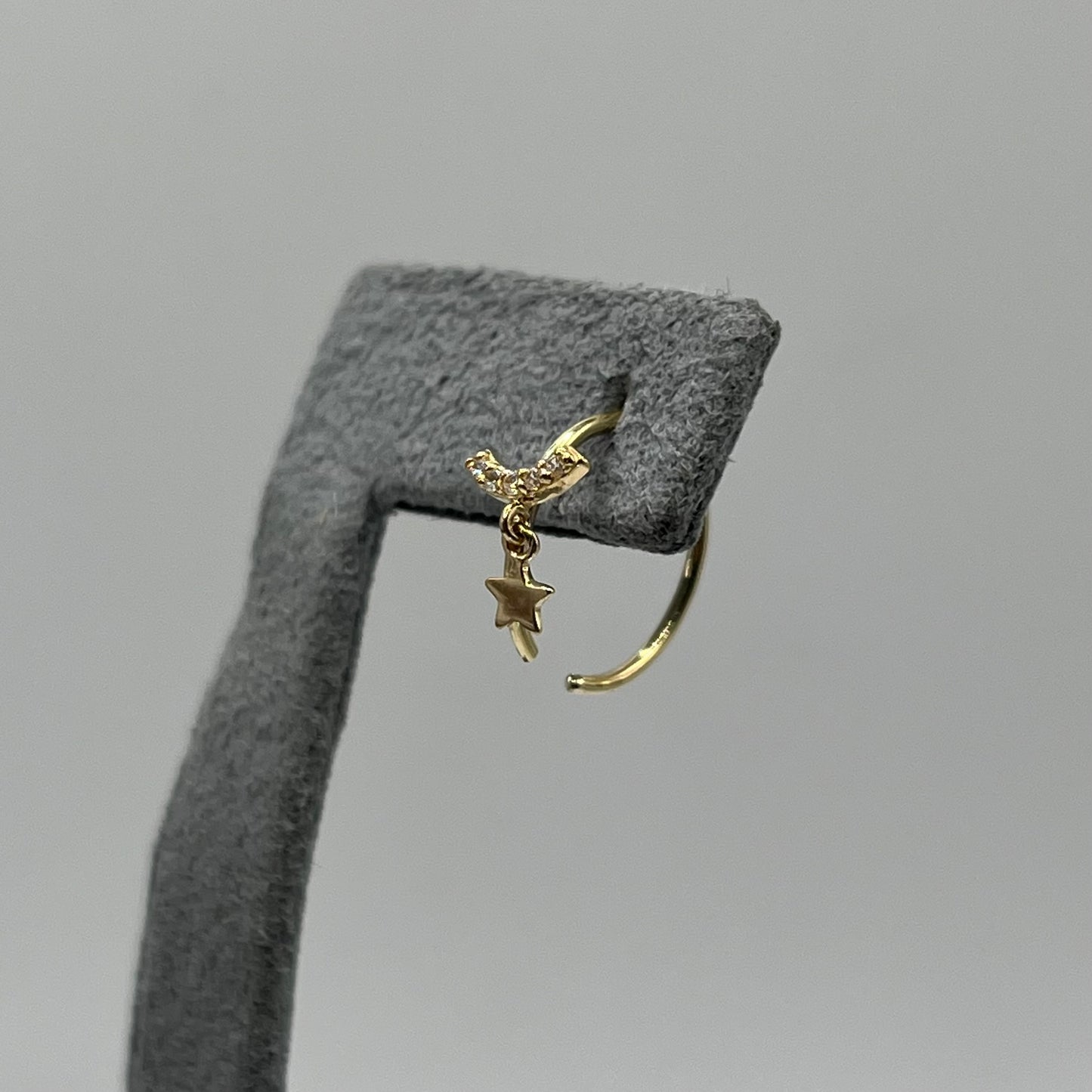 14K Gold CZ Moon with Dangling Star Nose Ring Hoop