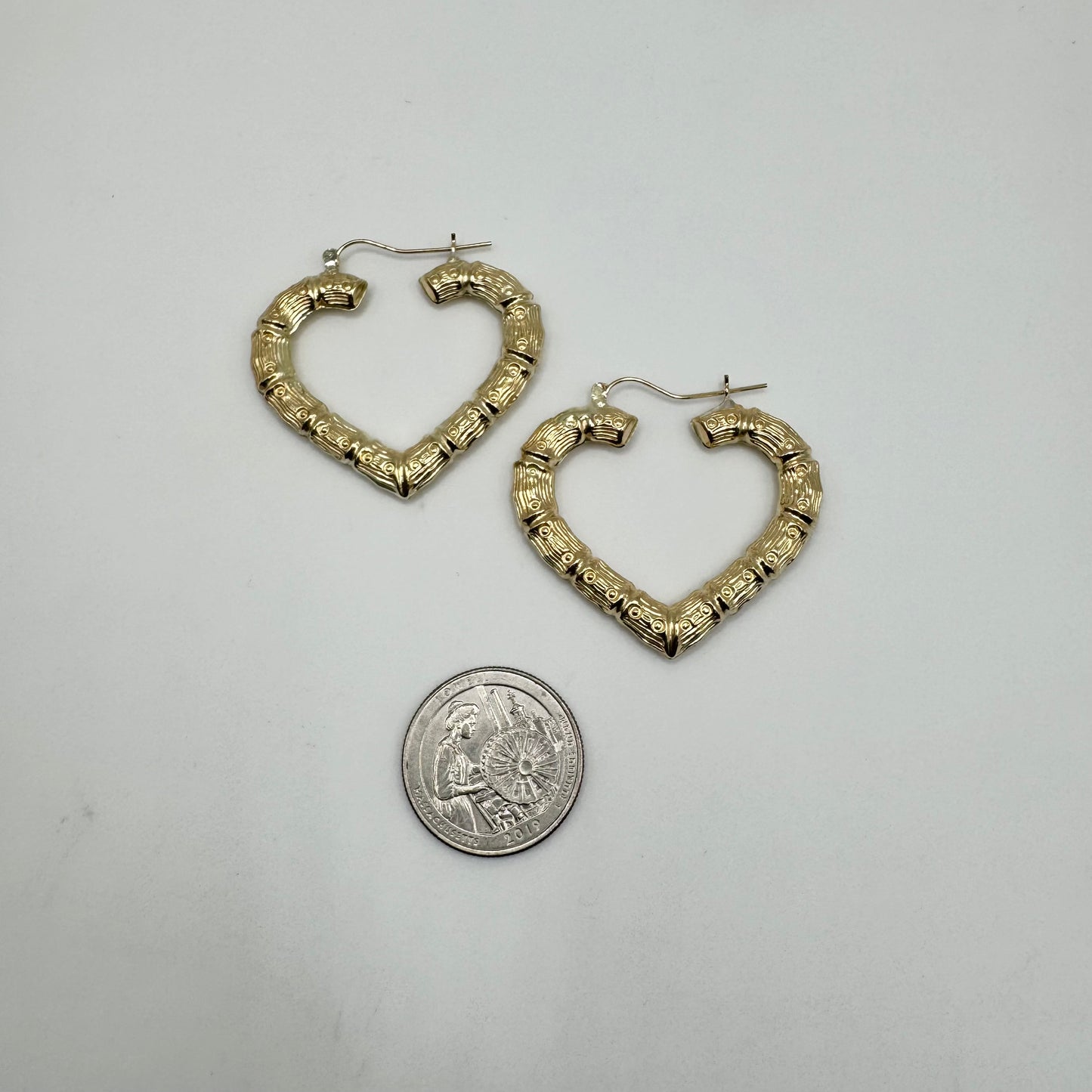 10K Gold Bamboo Heart Hoop Earrings (1.75")