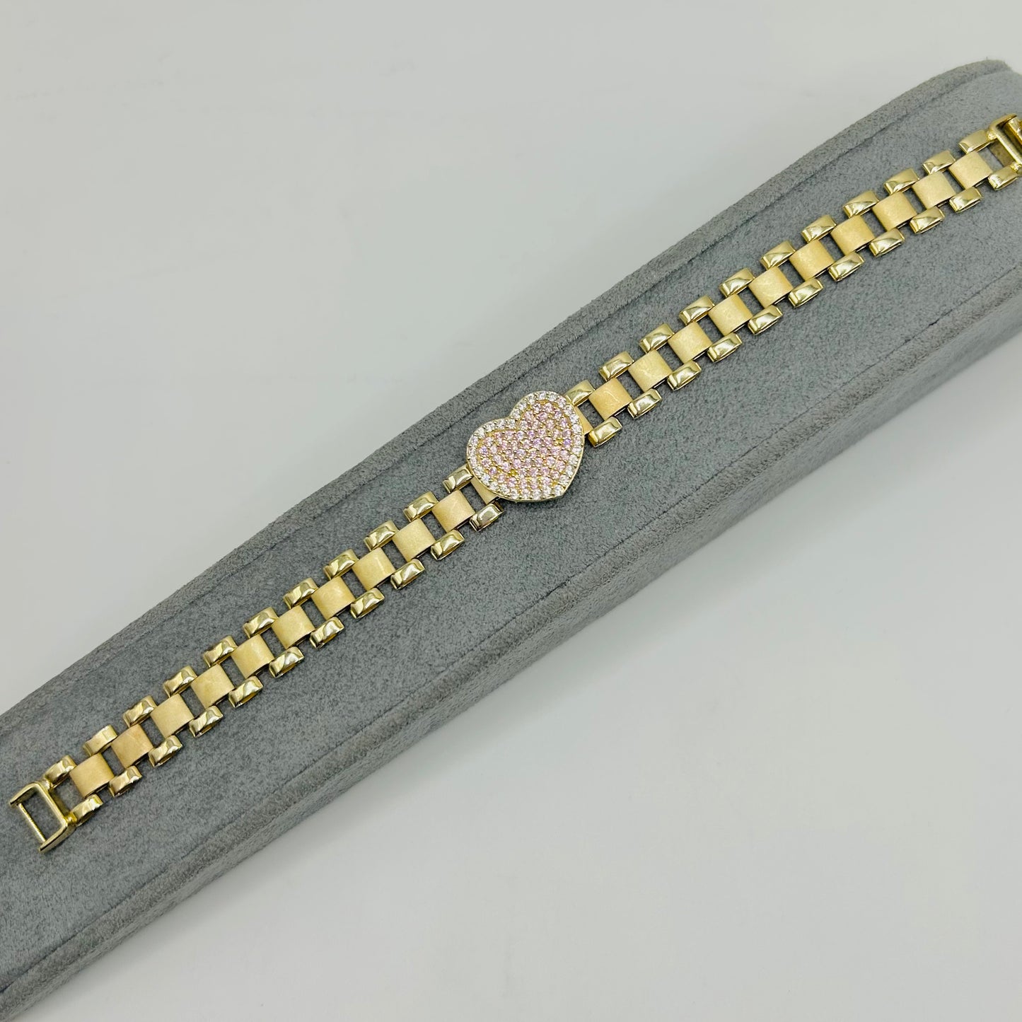 10K Gold RX Bracelet with Pink Heart CZ Charm (6.5")