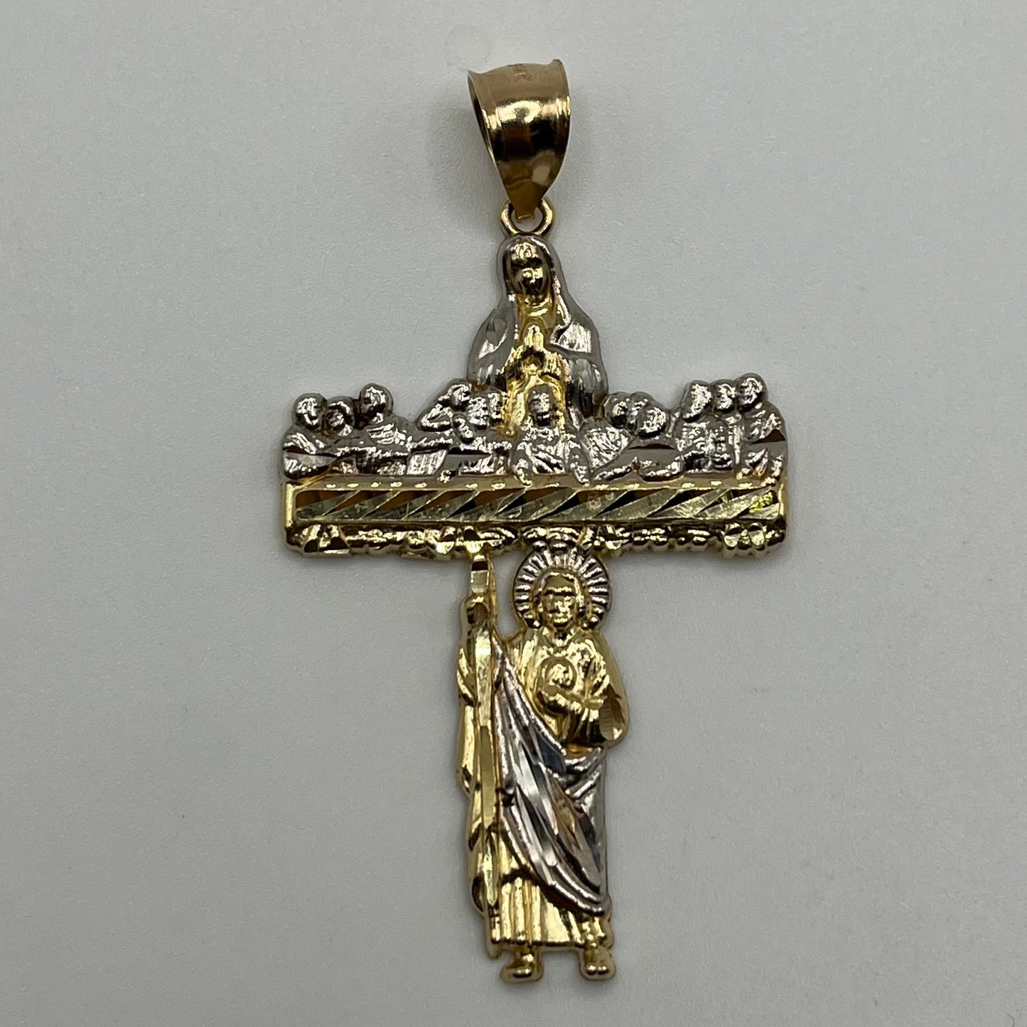 14k Gold Last Supper/ Virgin Mary/ San Judas Cross Pendant (S)