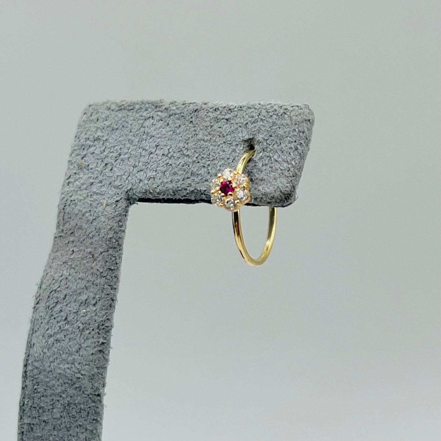 14K Gold CZ White Flower with Ruby Nose Ring Hoop