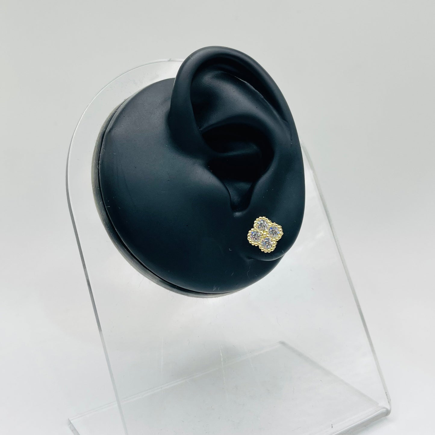 10K Gold White Clover CZ Earrings | Face Size: 8mm