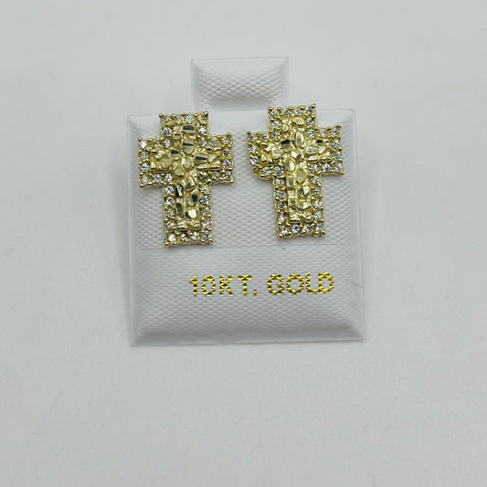 10k Gold Nugget CZ Cross Earrings