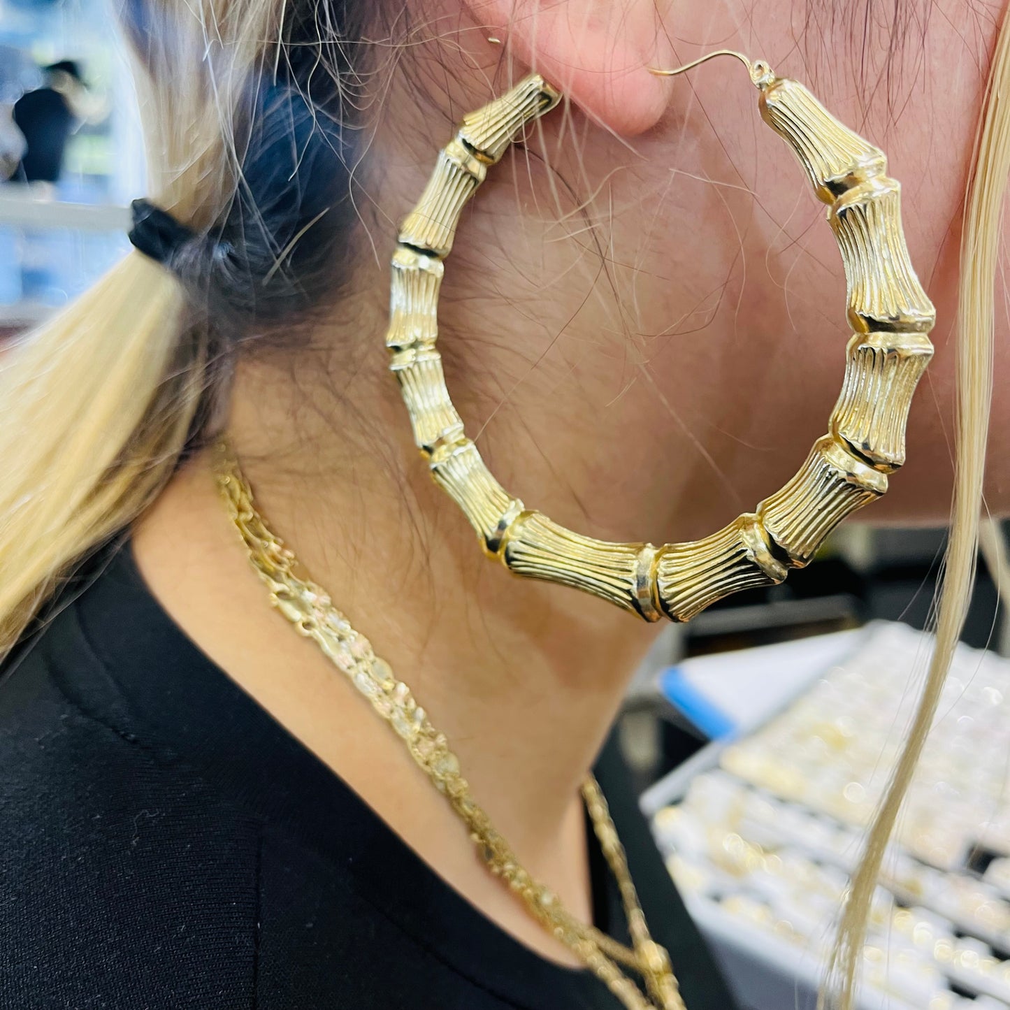 10K Gold Bamboo Hoop Earrings (3 inch) with Custom Name