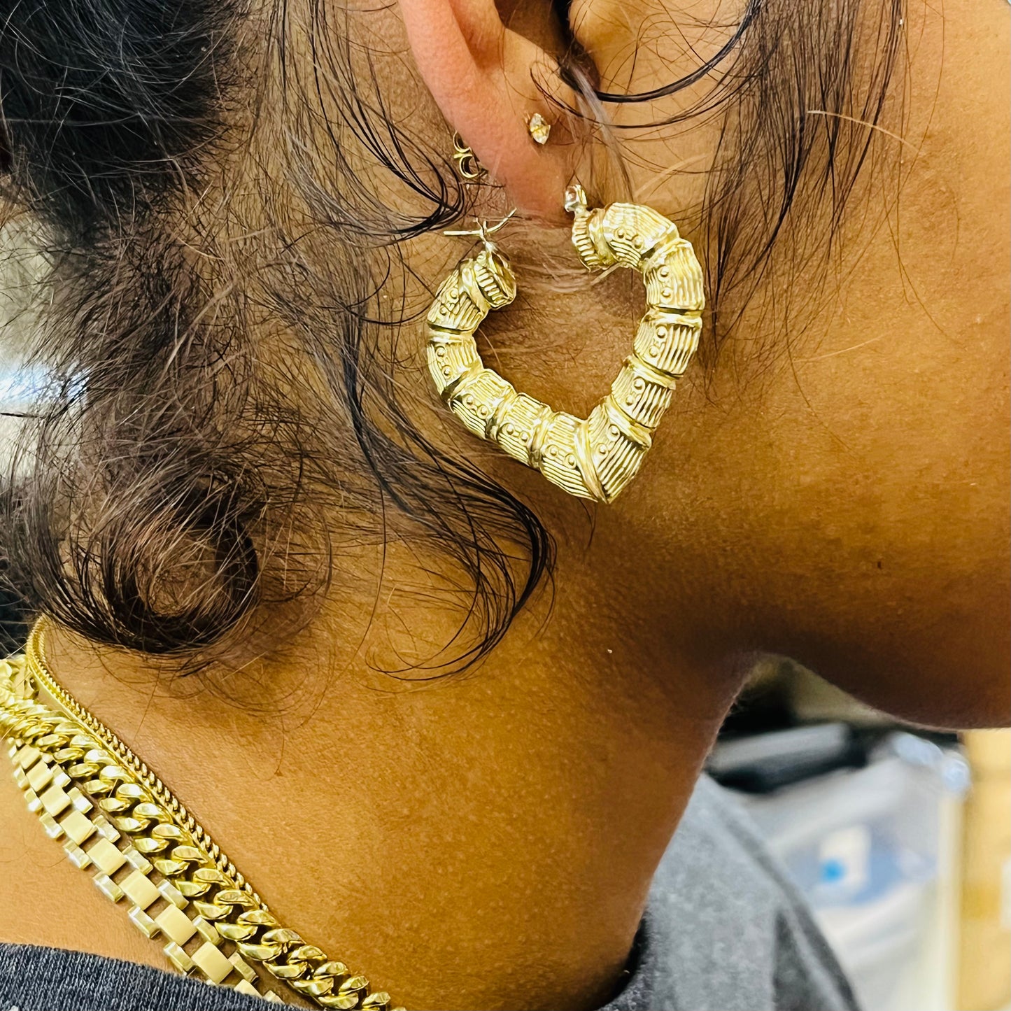 10K Gold Bamboo Heart Hoop Earrings (1.5 in)
