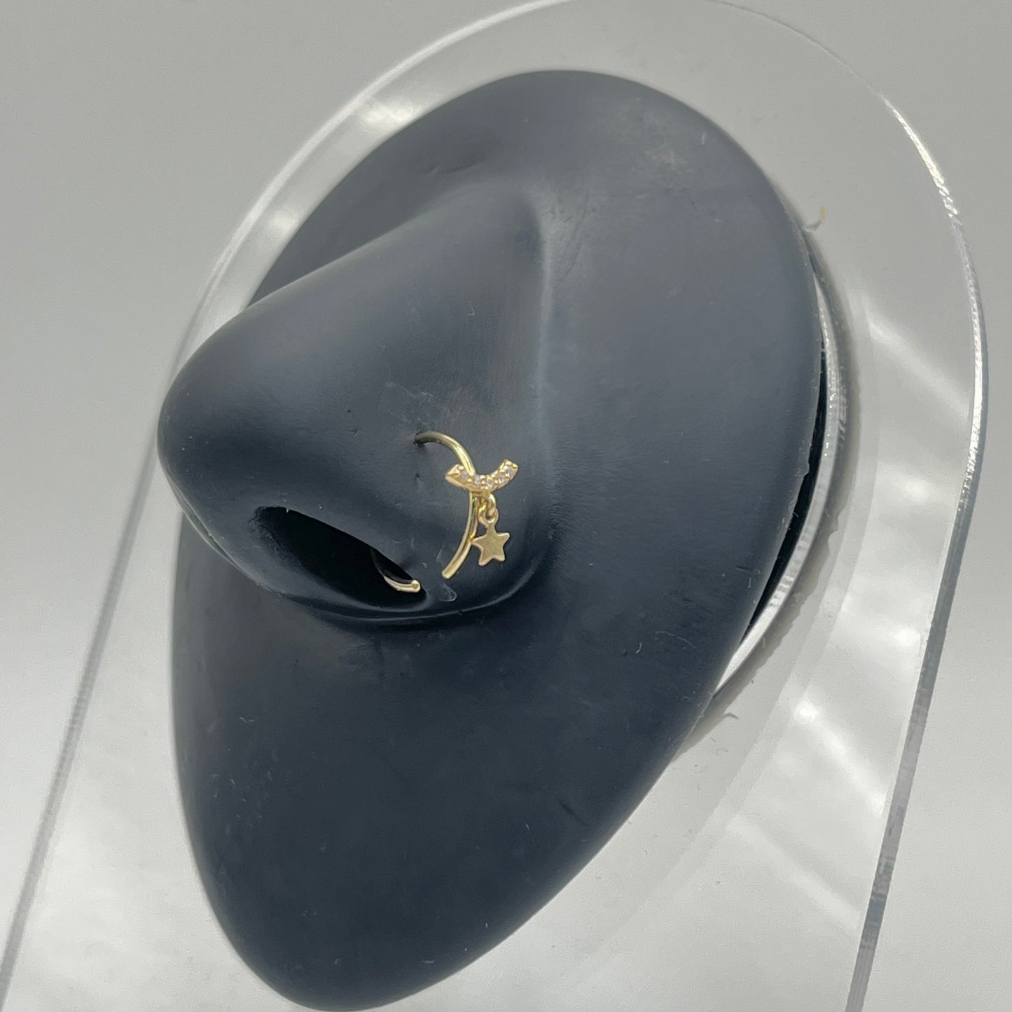 14K Gold CZ Moon with Dangling Star Nose Ring Hoop