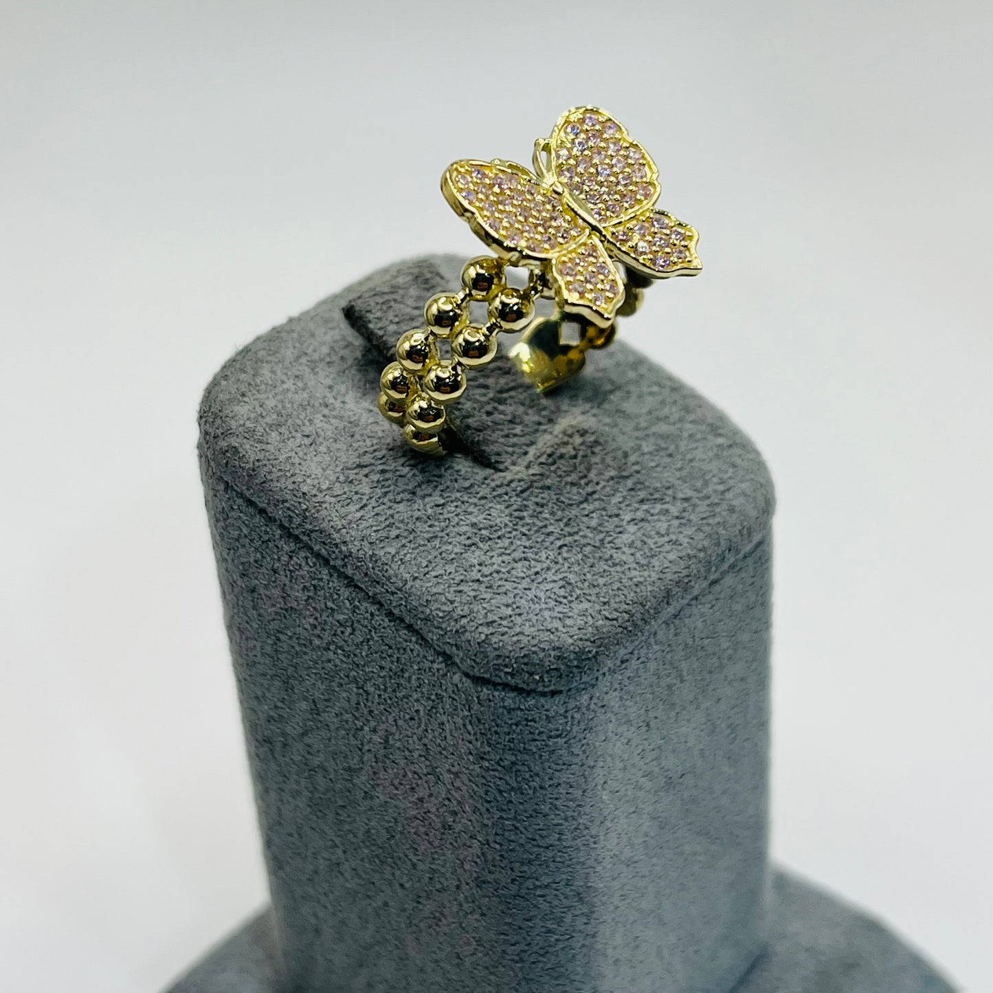 10K Pink Butterfly Bubble Ball Ring