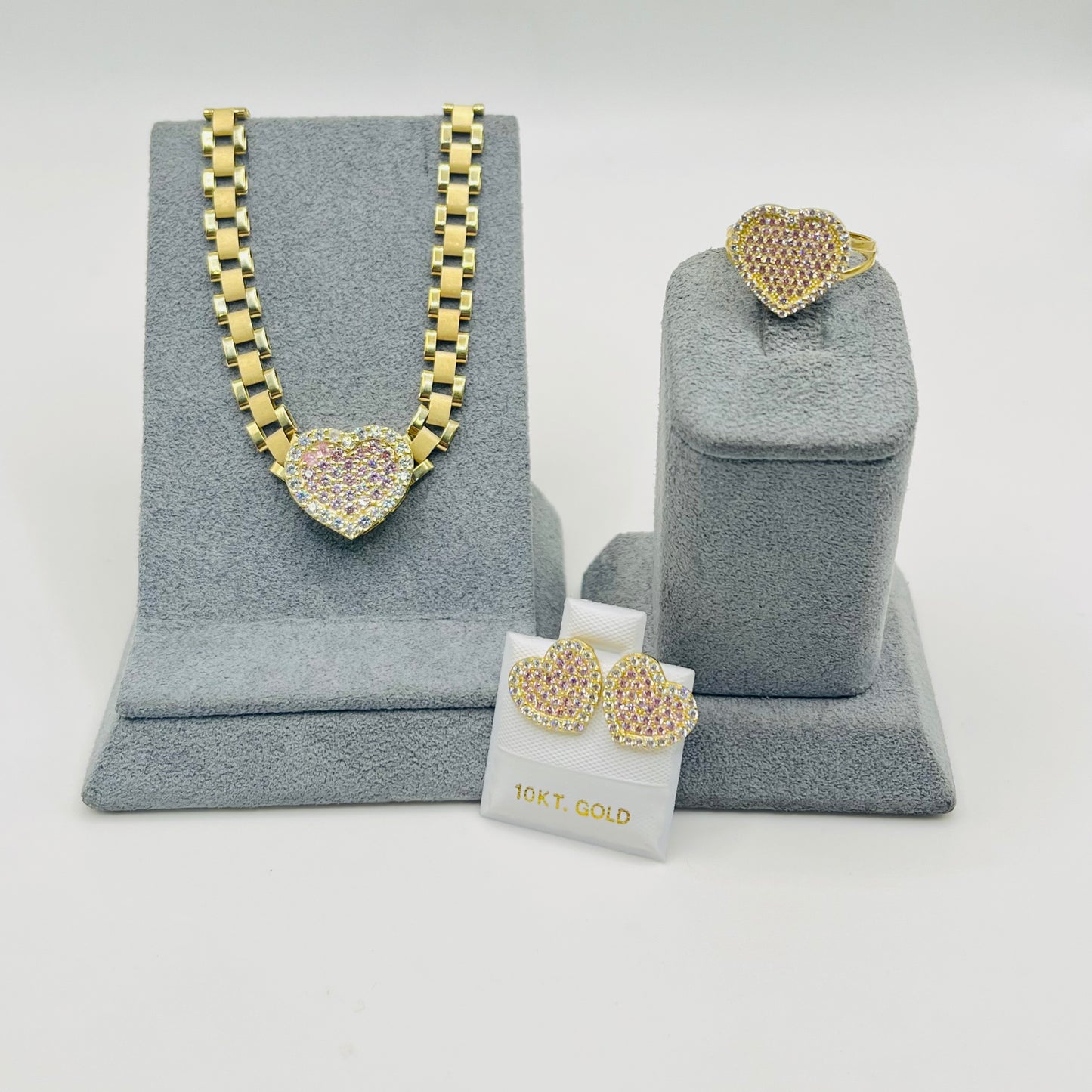 10k Gold Pink Heart 6mm RX Chain Set
