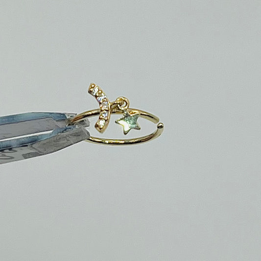 14K Gold CZ Moon with Dangling Star Nose Ring Hoop