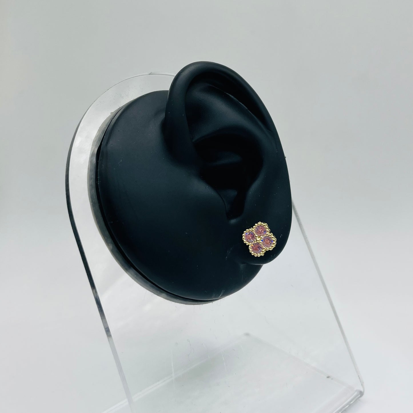 10K Gold Pink Clover CZ Earrings (8mm Medium)