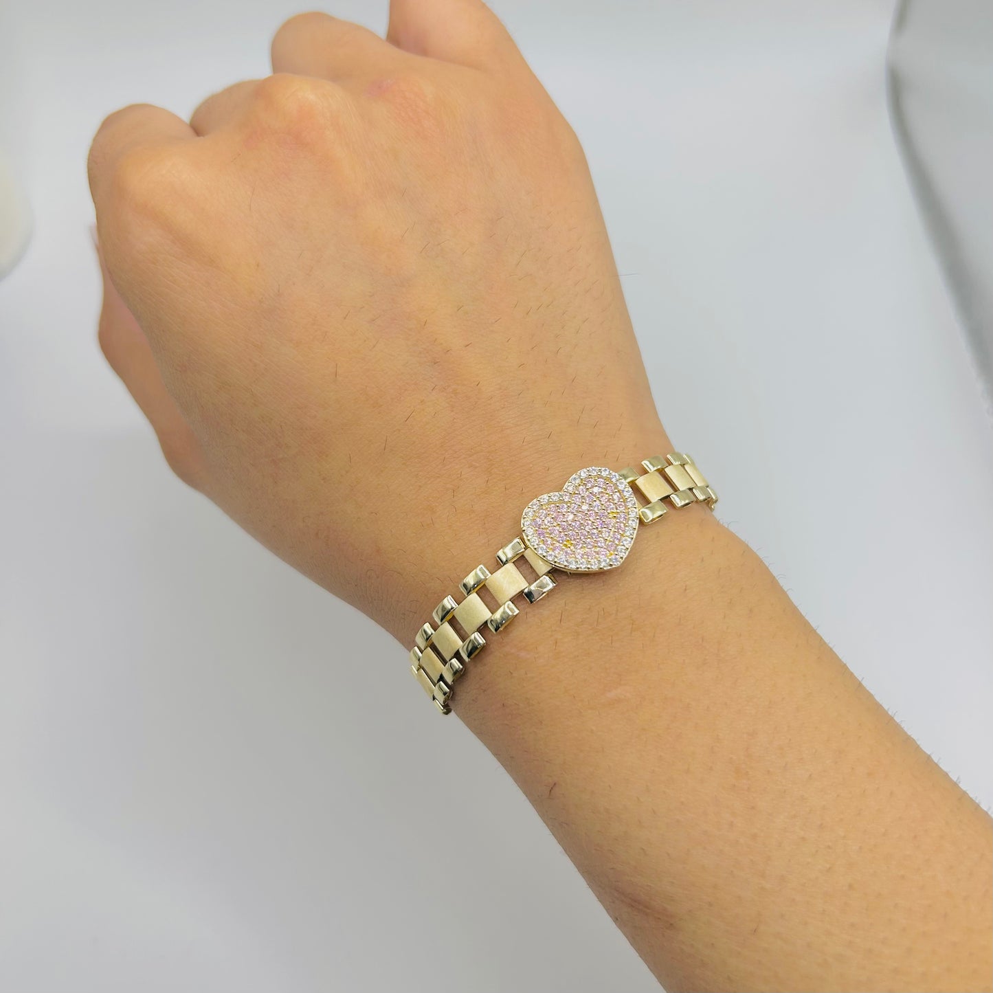 10K Gold RX Bracelet with Pink Heart CZ Charm (6.5")