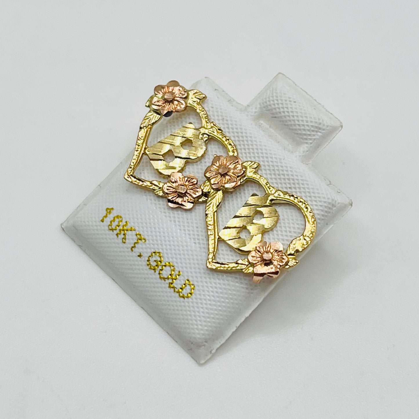10K Gold Heart with Roses Initial Earrings