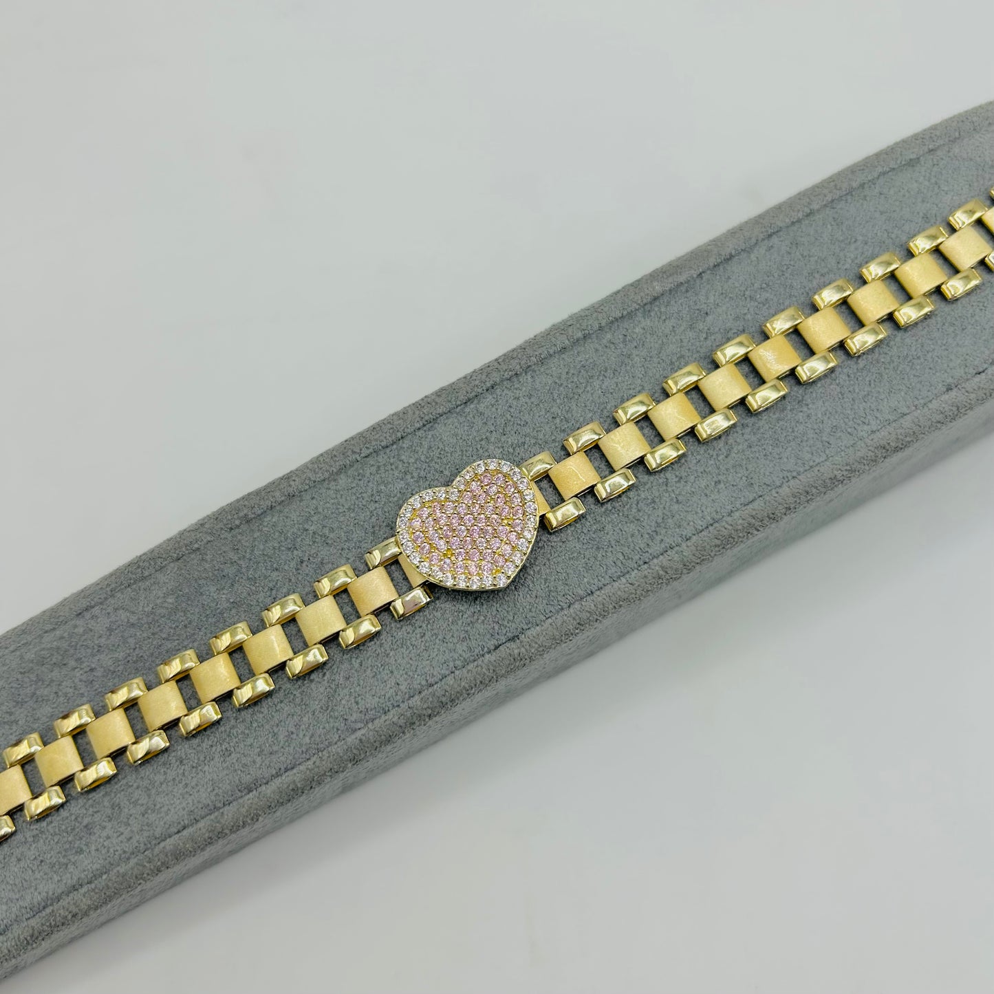10K Gold RX Bracelet with Pink Heart CZ Charm (6.5")