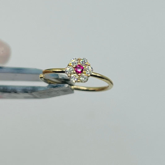 14K Gold CZ White Flower with Ruby Nose Ring Hoop