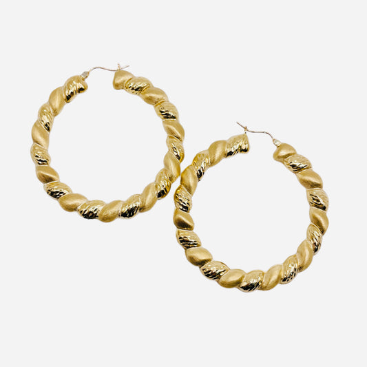 10K Gold Matte and High Polish Hoop Earrings 2"
