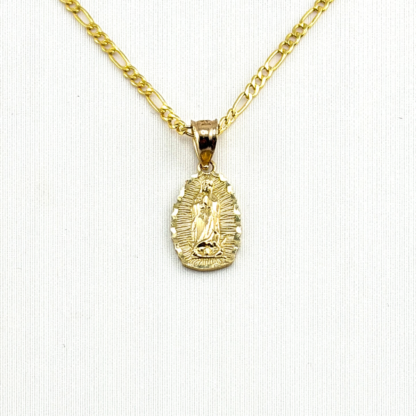 14k Gold Necklace Set - Virgin Mary Charm with Figaro Chain