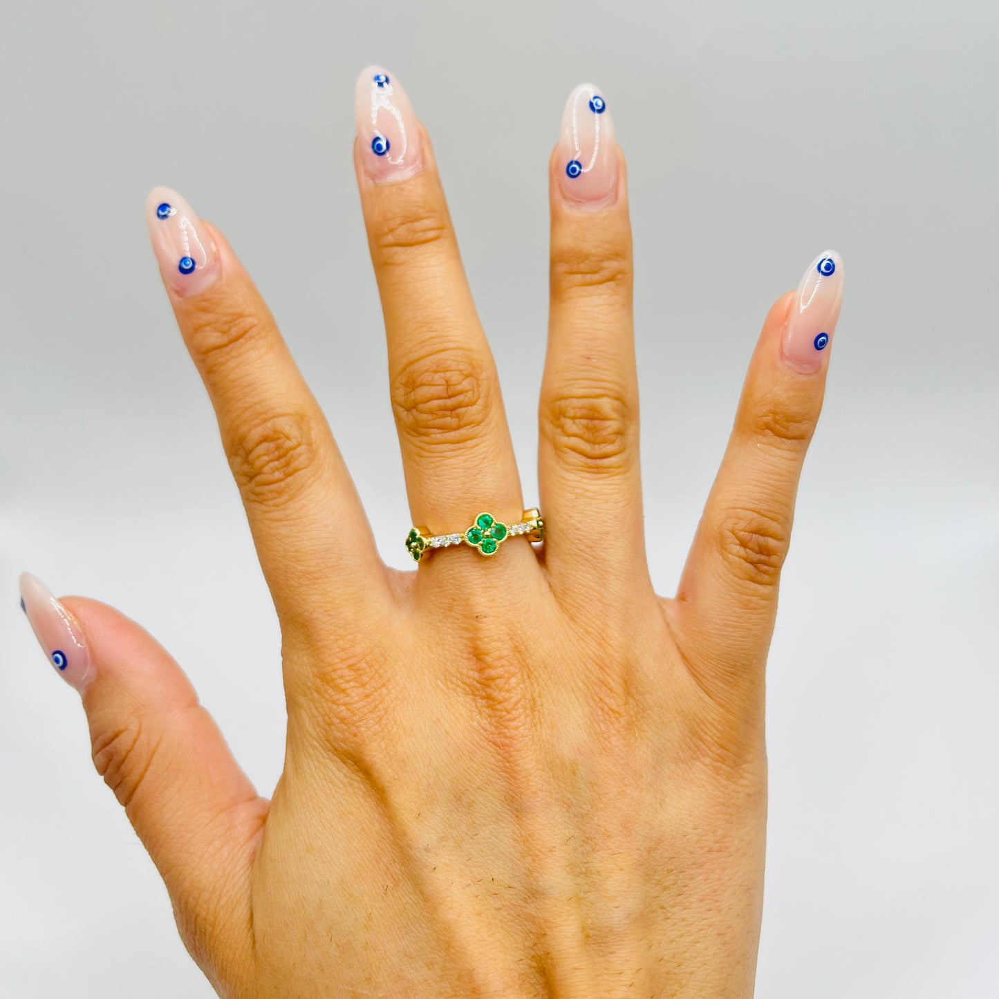 14K Gold Diamond and Emerald Clover Ring