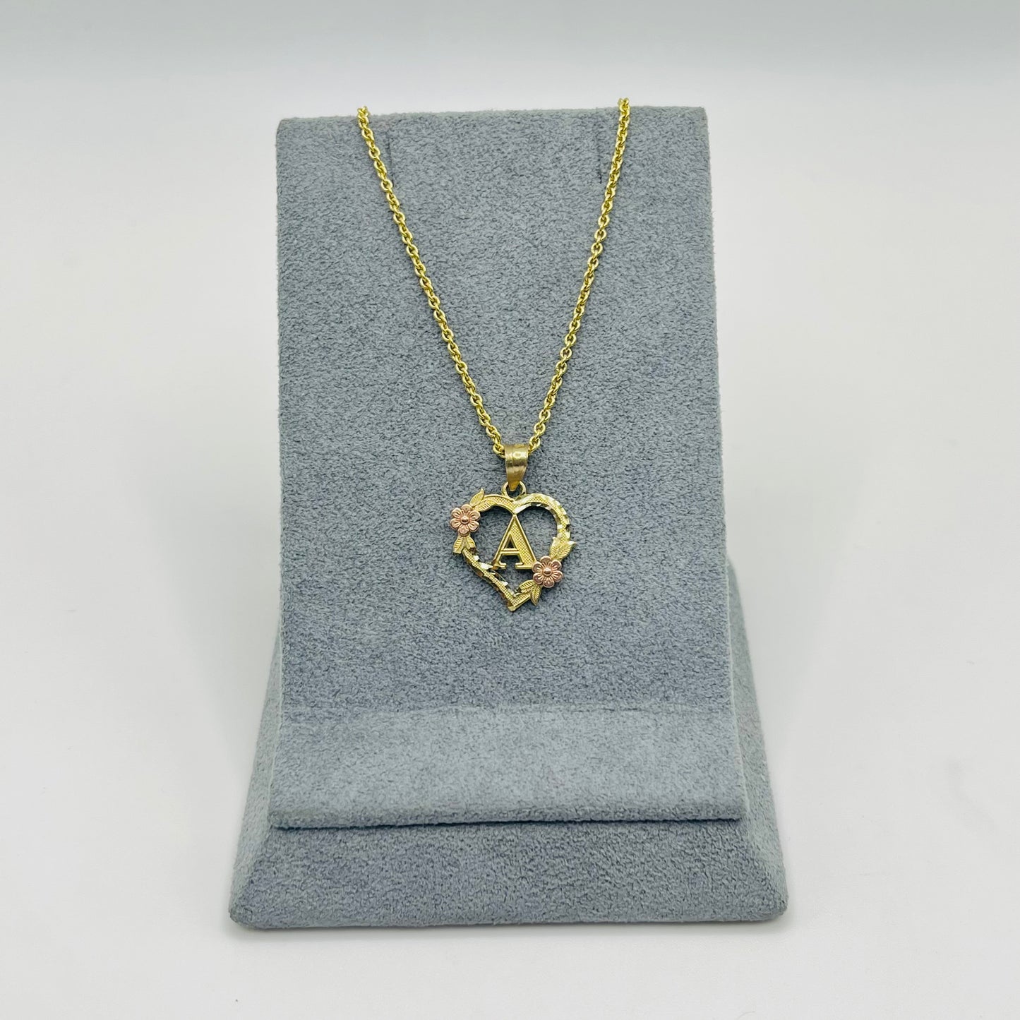 10K Gold Heart with Roses Initial Charm with Rolo Chain