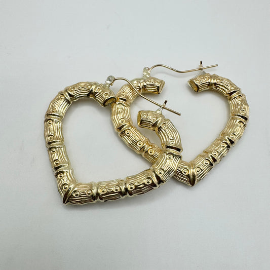 10K Gold Bamboo Heart Hoop Earrings (1.75")