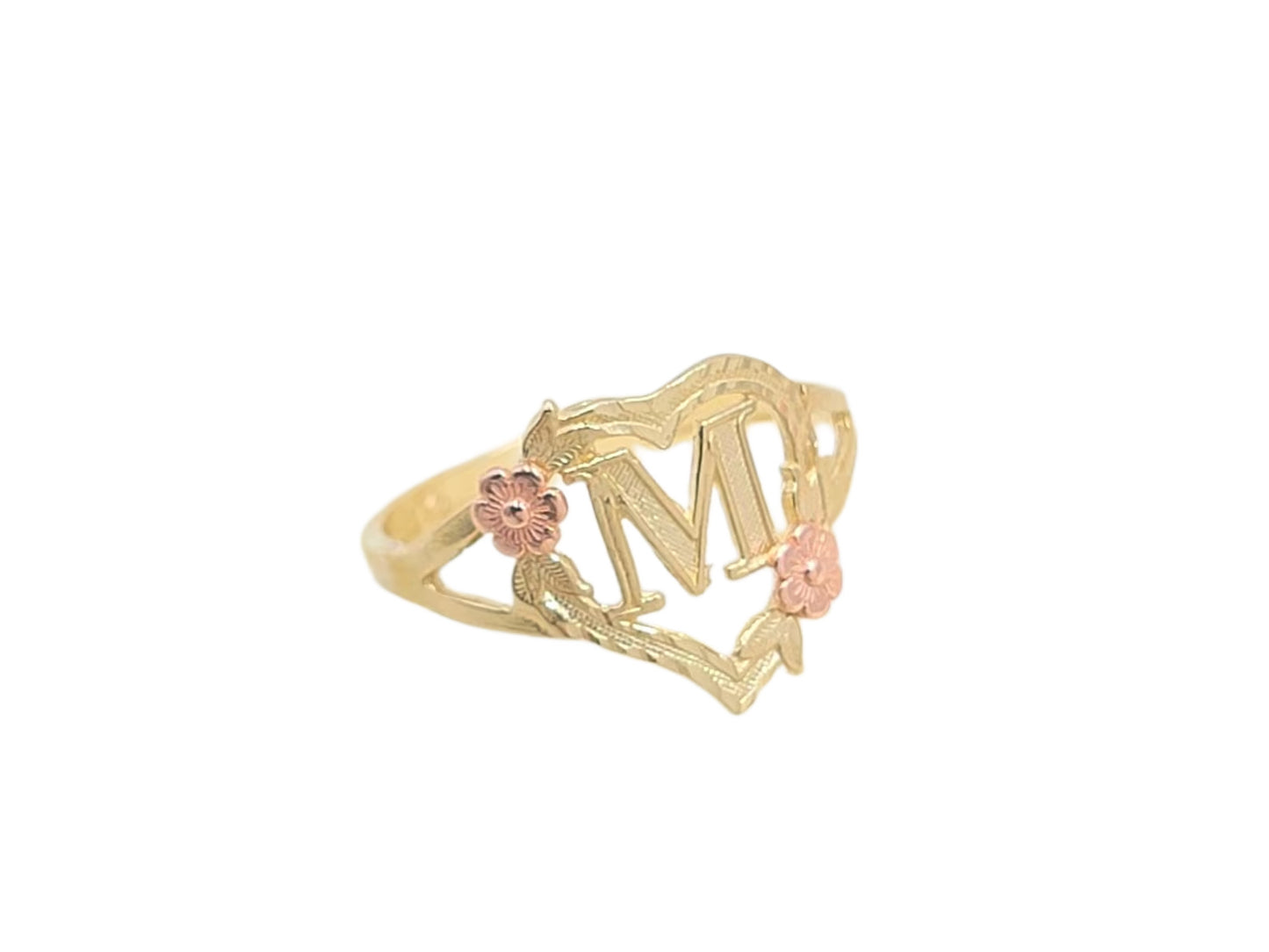 10K Gold Heart Initial Ring with Roses