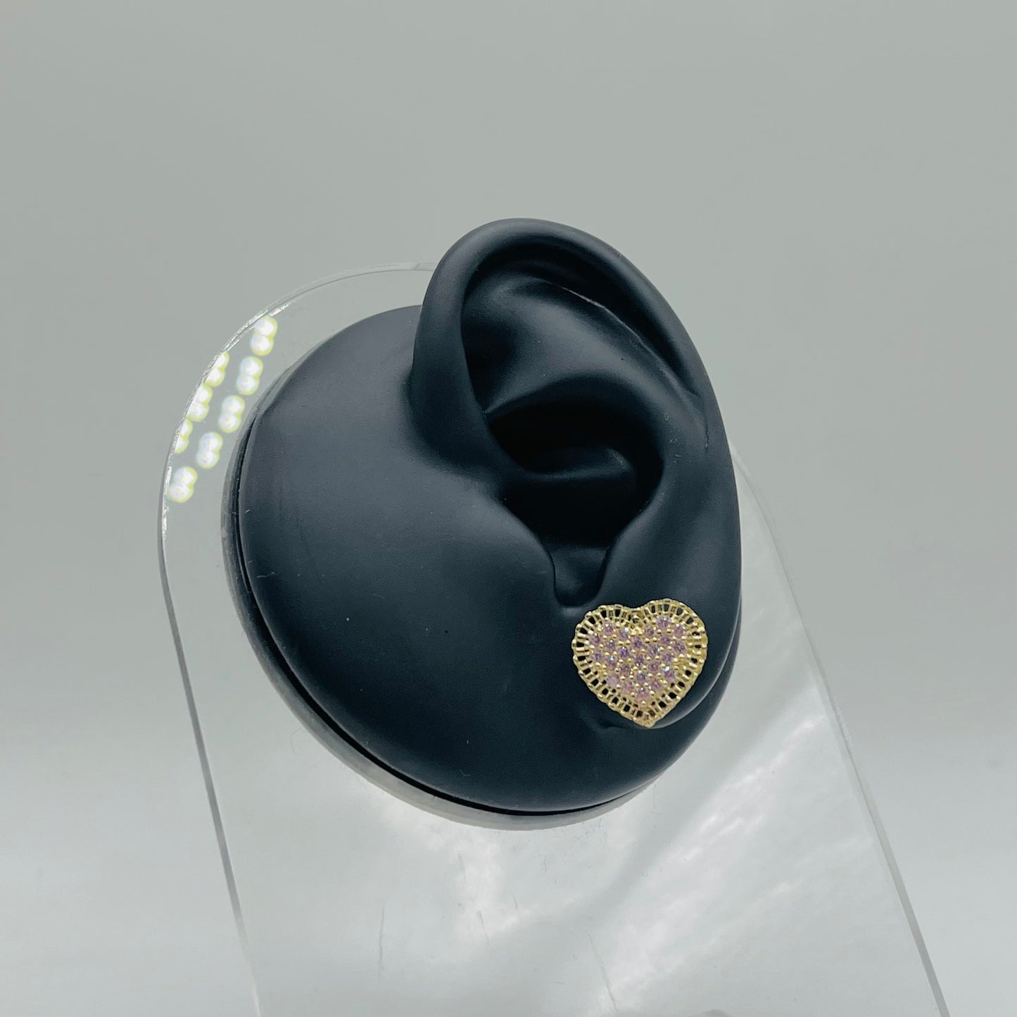 10K Gold Flat RX Heart Earrings with CZ Pink (Screwback)