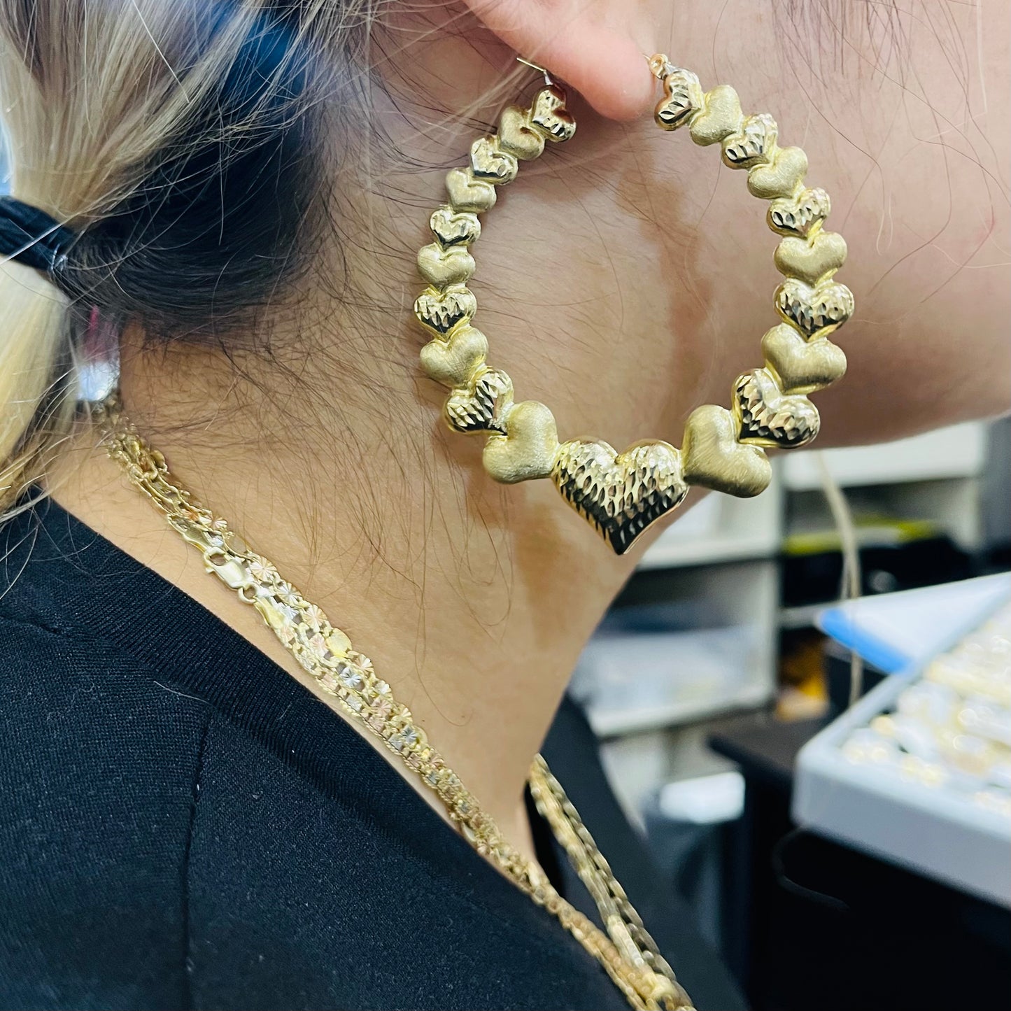 10K Multi Heart Hoop Earrings (2")