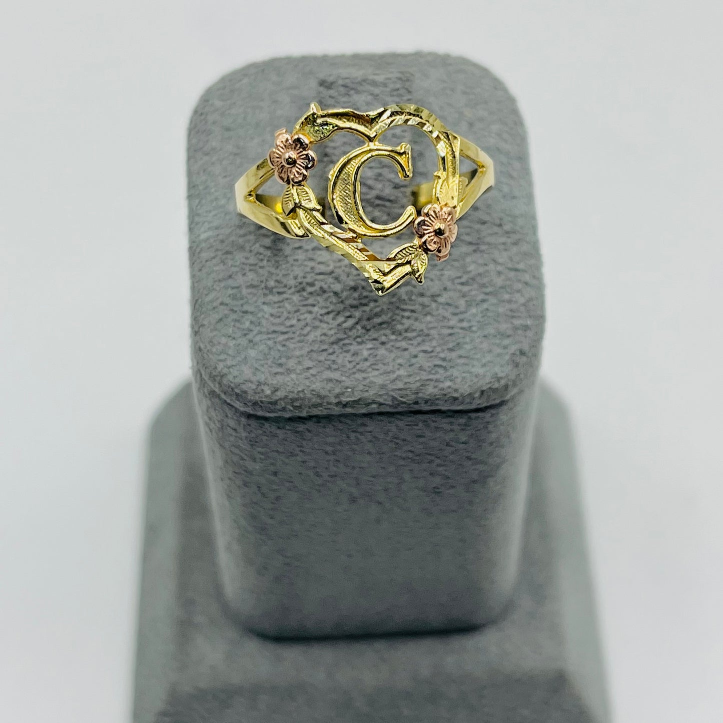 10K Gold Heart Initial Ring with Roses