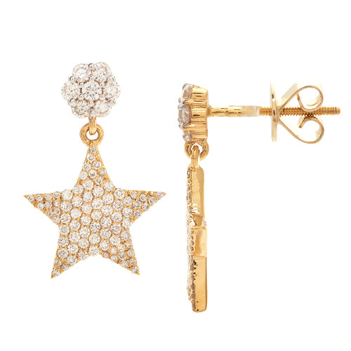 14k Gold Diamond Dangling Star Earrings (Screwback)