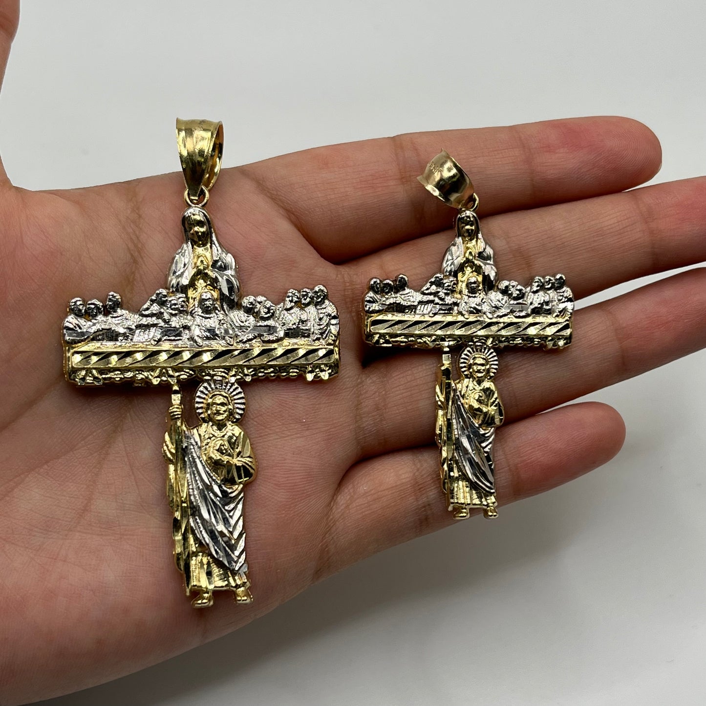 14k Gold Last Supper/ Virgin Mary/ San Judas Cross Pendant (S)