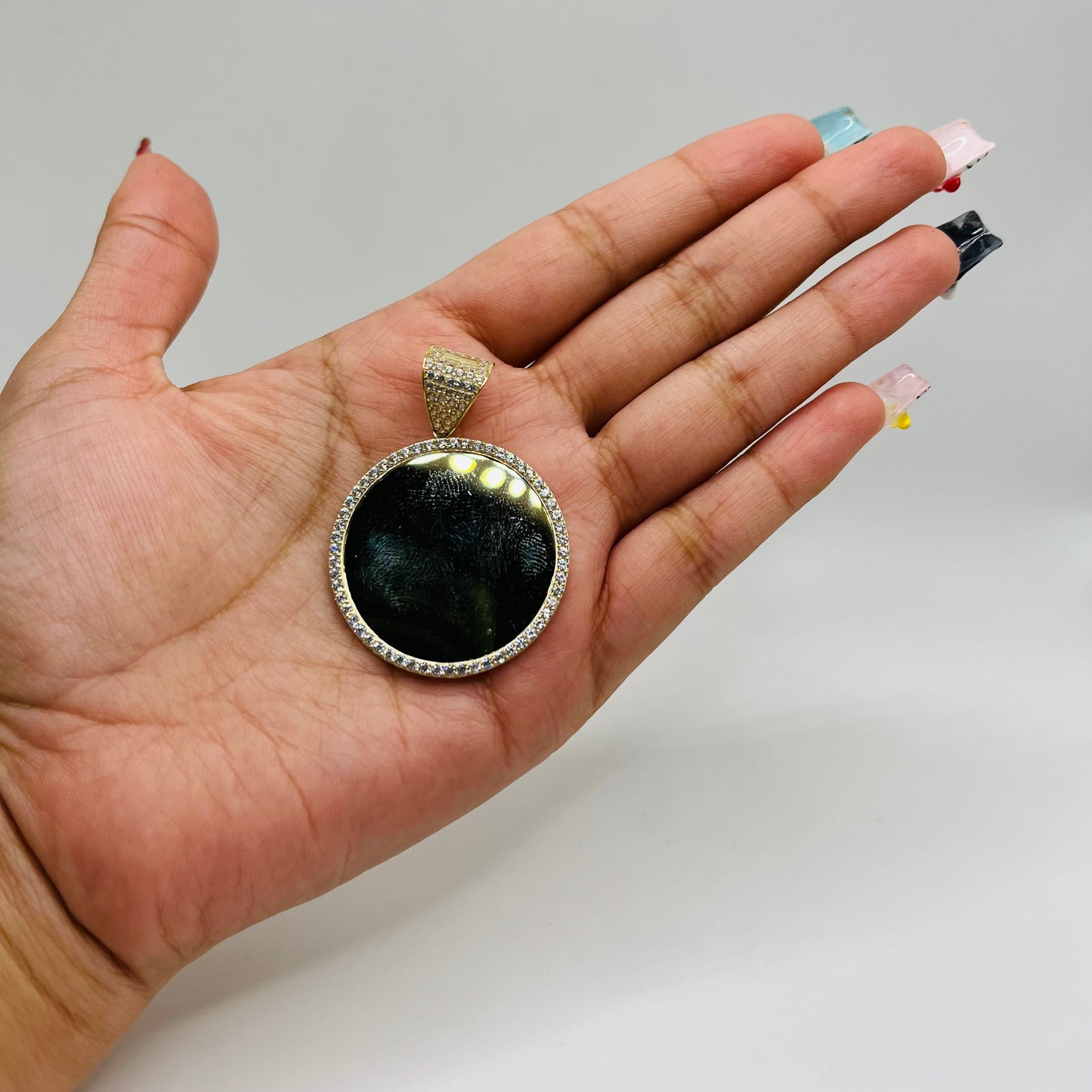 10k Gold Round Full CZ On Bell Picture Pendant (M)